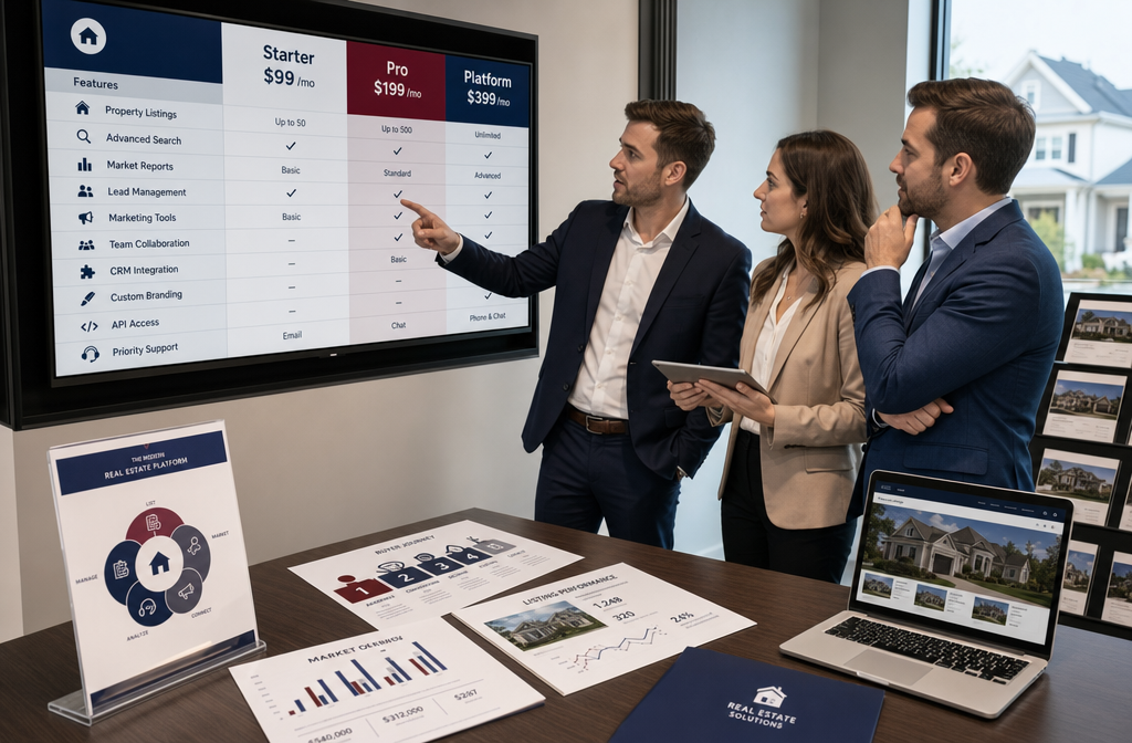 () editorial illustration showing a detailed pricing comparison table displayed on a large wall-mounted screen in a modern