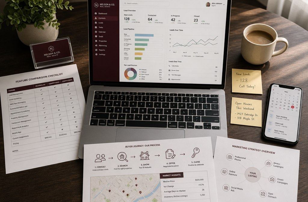 () close-up overhead flat-lay shot of a real estate agent's desk with a laptop showing a CRM interface, a printed feature