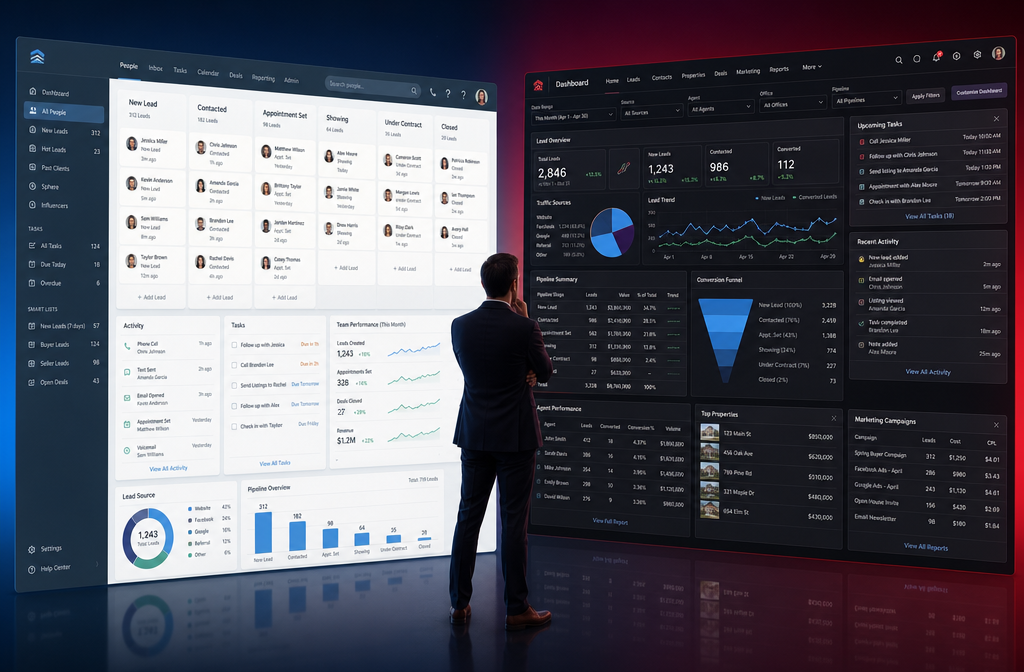 () side-by-side split-screen editorial graphic showing two real estate CRM interfaces &mdash; one representing Follow Up Boss with