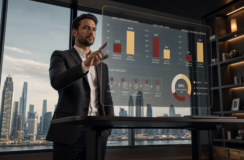 () editorial concept image showing a real estate agent at a standing desk reviewing ROI analytics on a transparent glass