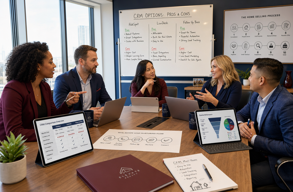 () editorial illustration of a diverse group of five real estate professionals in a modern conference room gathered around a