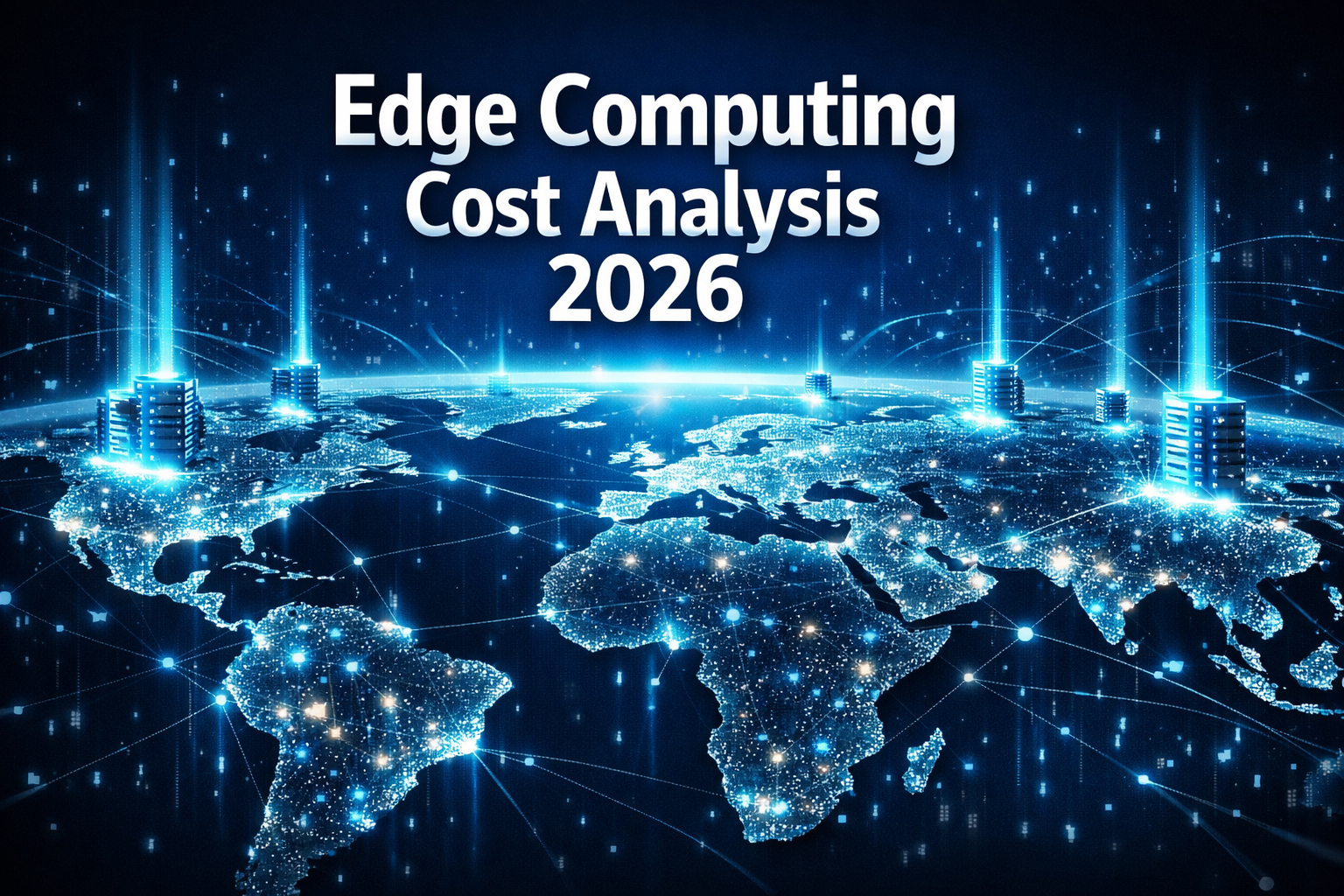 Professional landscape hero image (1536x1024) featuring bold text overlay 'Edge Computing Cost Analysis 2026' in extra-large 75pt white sans