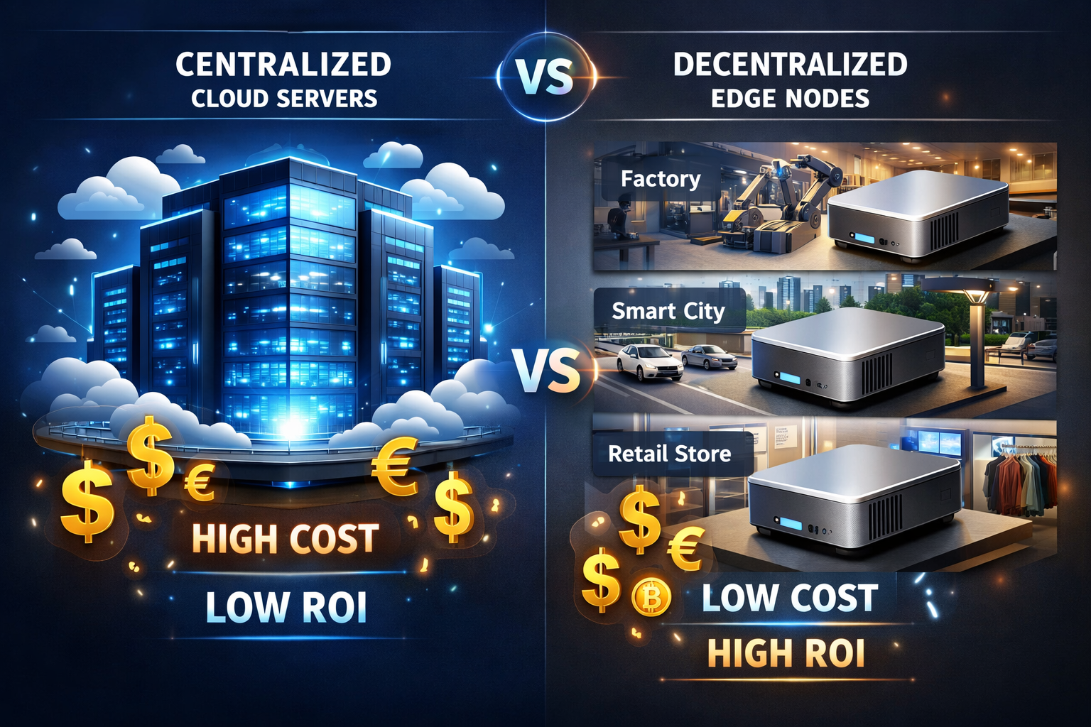 A detailed 3D infographic showing a comparison between centralized cloud servers and decentralized edge nodes. The visual features a large c