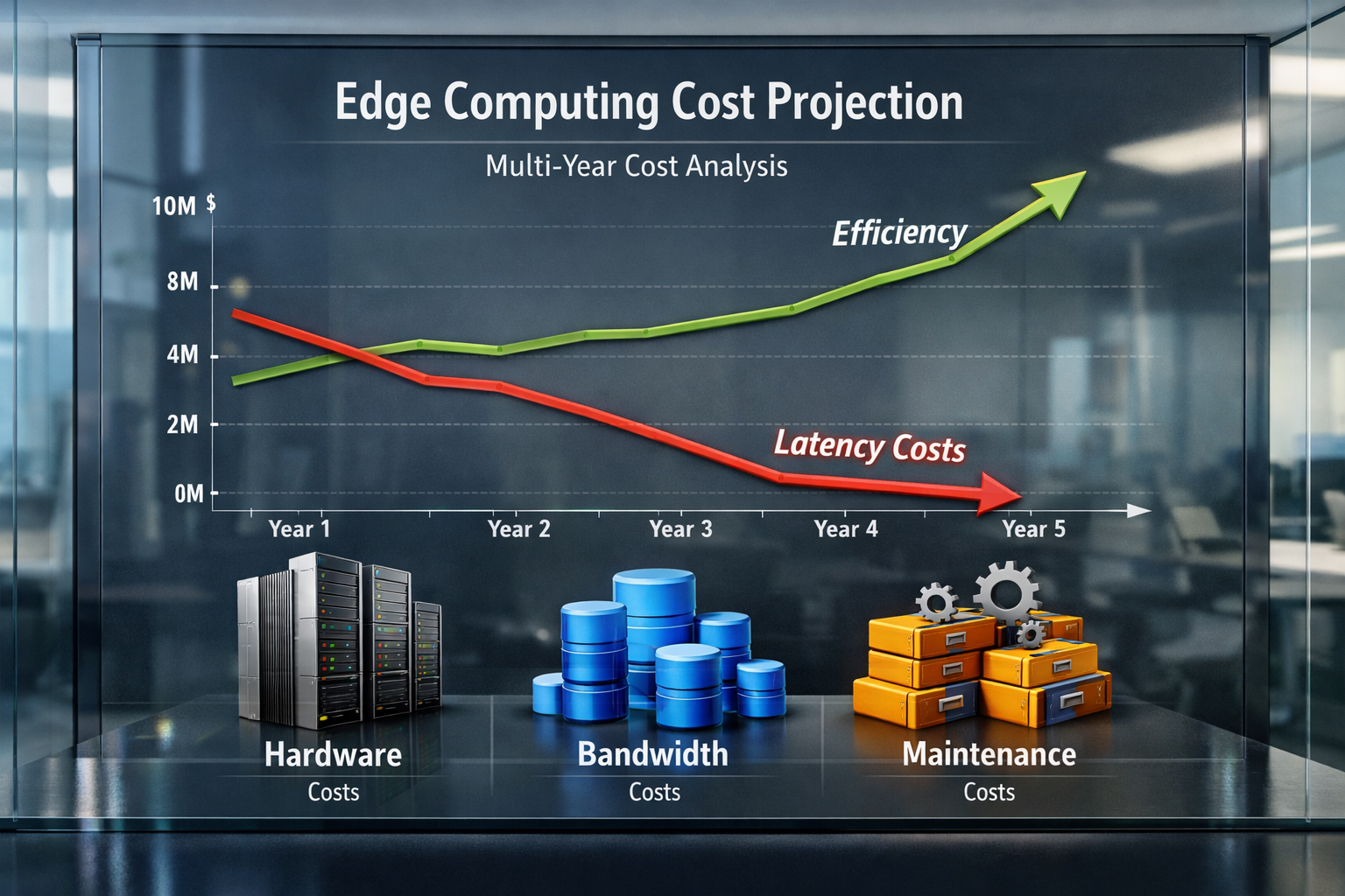 A professional financial data visualization board showing a multi-year cost projection for edge computing implementation. The image includes
