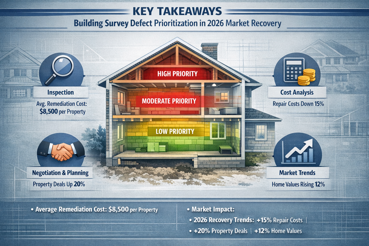 Infographic-style landscape visualization representing 'Key Takeaways' for Building Survey Defect Prioritization in 2026 market recovery. Ce