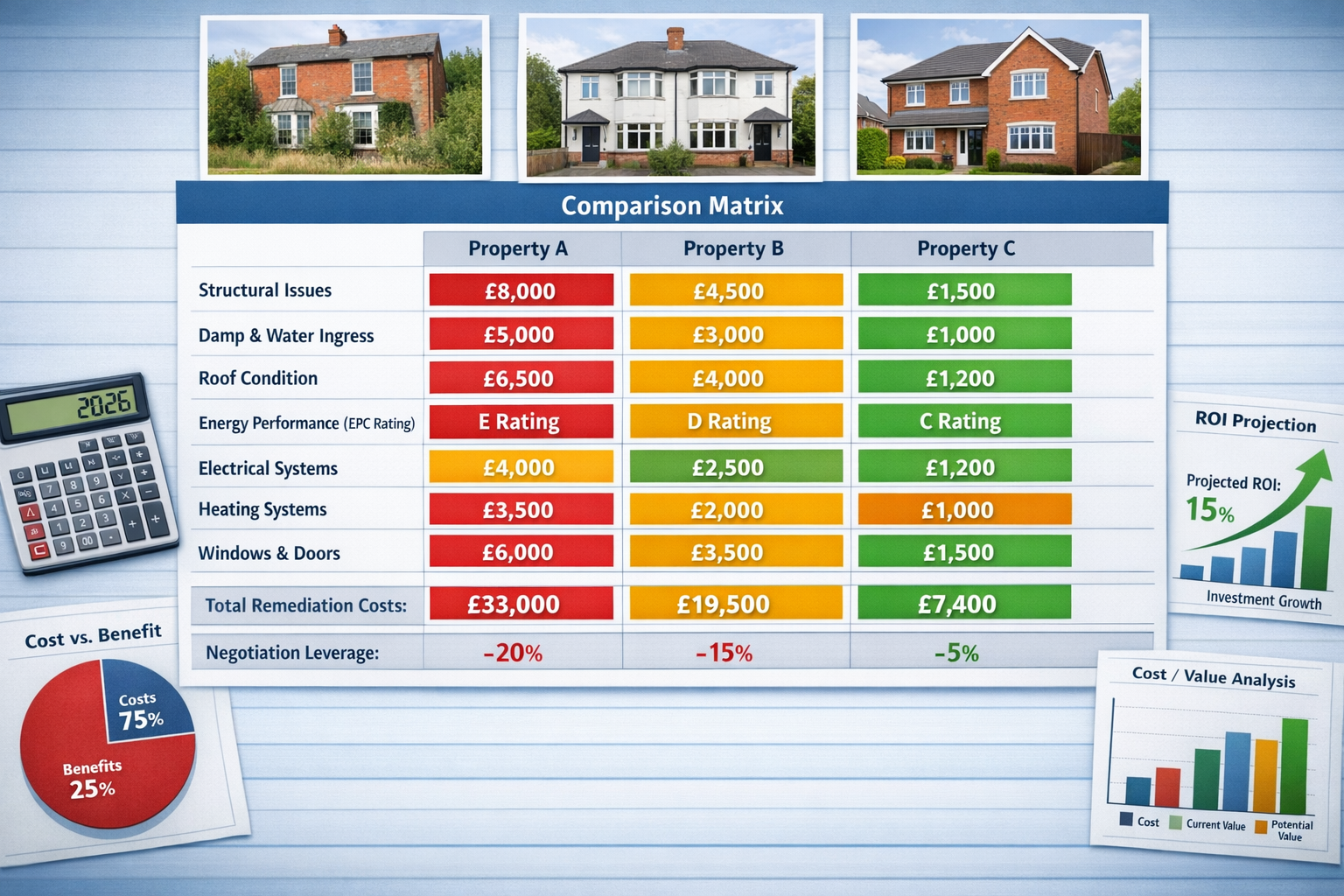 Landscape format (1536x1024) detailed comparison matrix showing side-by-side property evaluation across three competing properties. Large sp