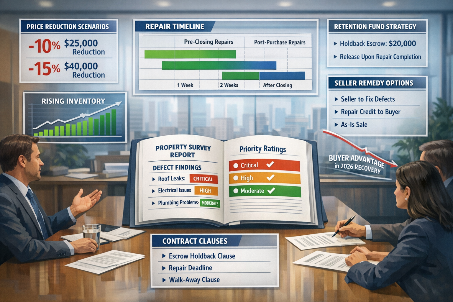 Landscape format (1536x1024) strategic negotiation scenario illustration for 2026 property market. Center shows large negotiation table scen