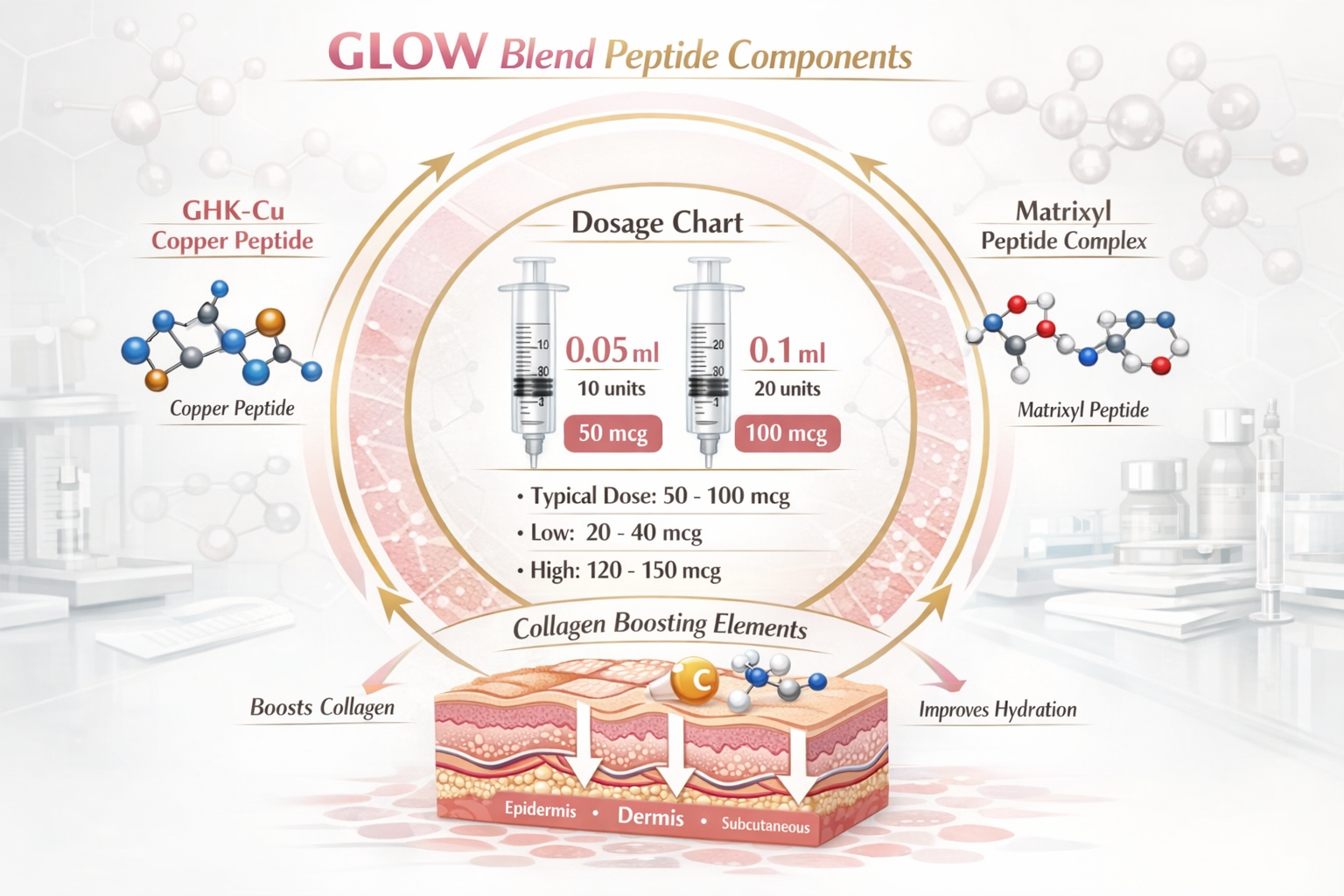 Detailed infographic showing GLOW Blend peptide components in circular arrangement with GHK-Cu copper peptide molecule, Matrixyl peptide cha