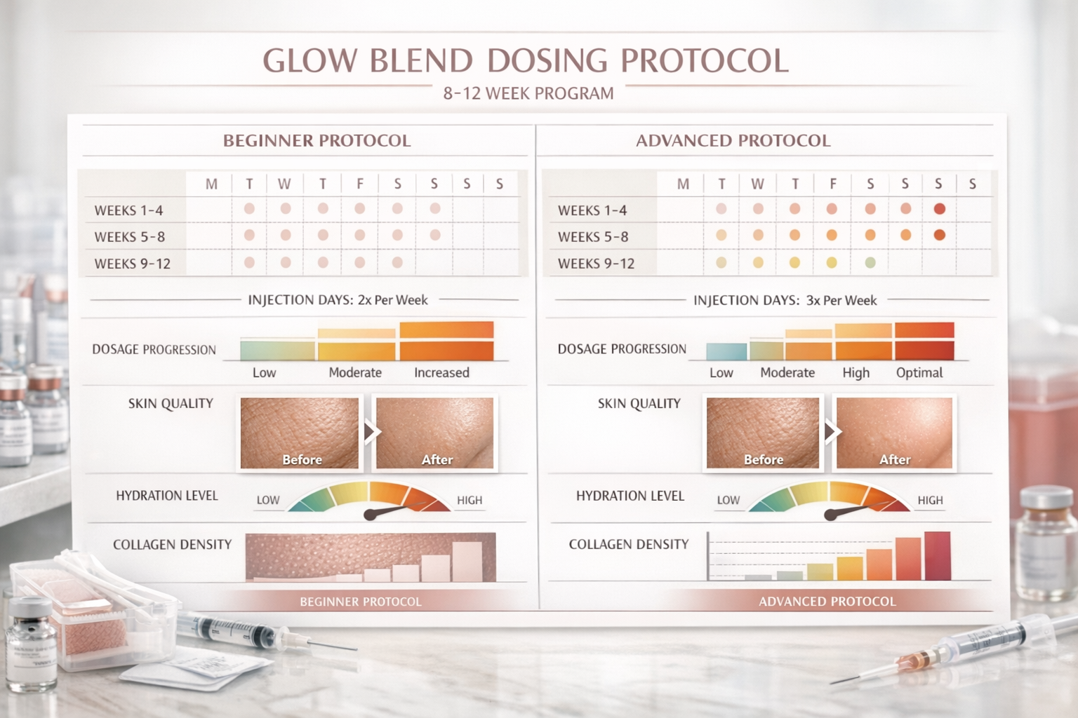 Professional comparison table visualization showing beginner versus advanced GLOW Blend dosing protocols across 8-12 week timeline. Split-sc
