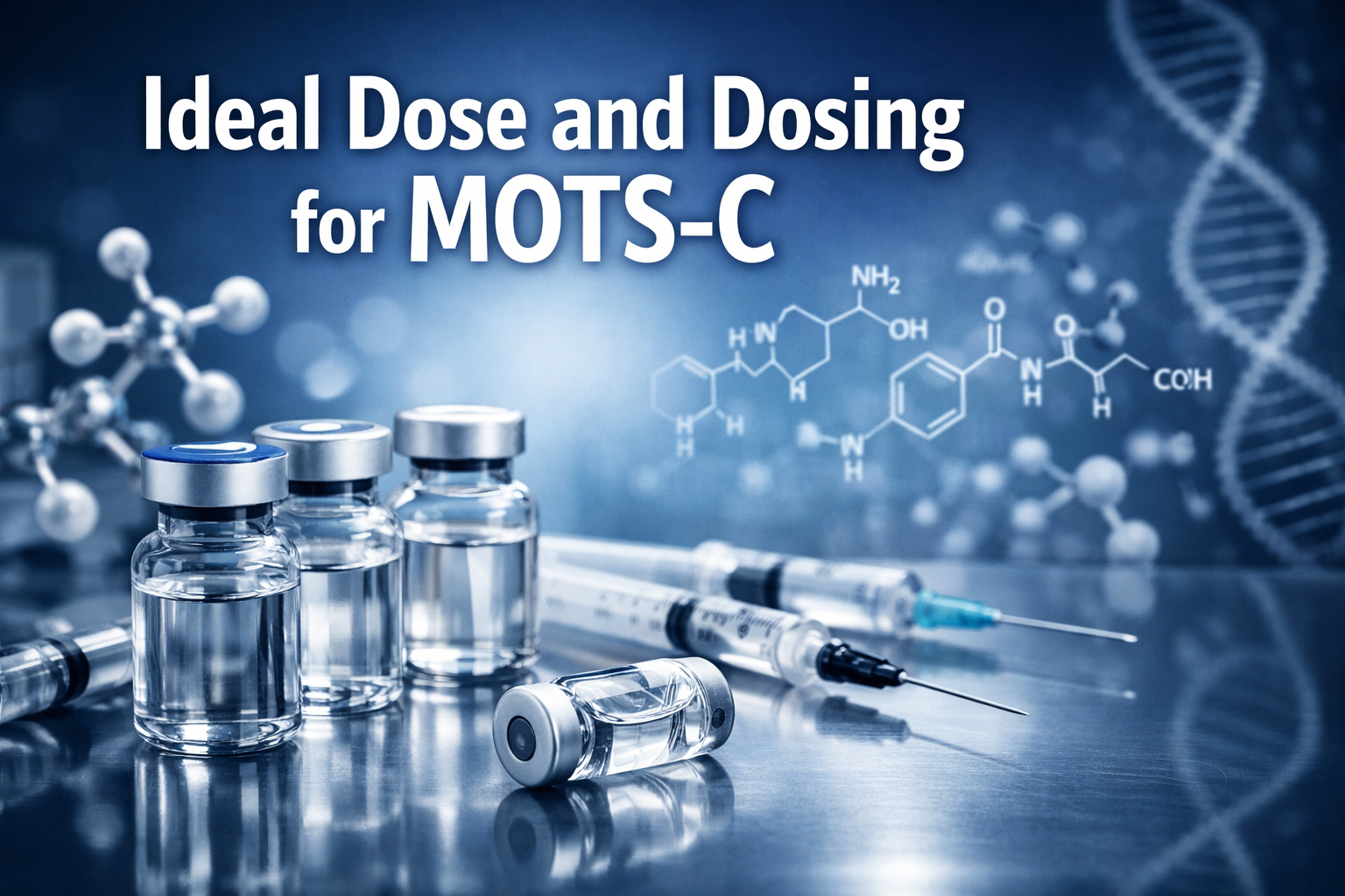 Professional landscape hero image (1536x1024) featuring bold text overlay 'Ideal Dose and Dosing for MOTS-C' in extra large 72pt white sans-