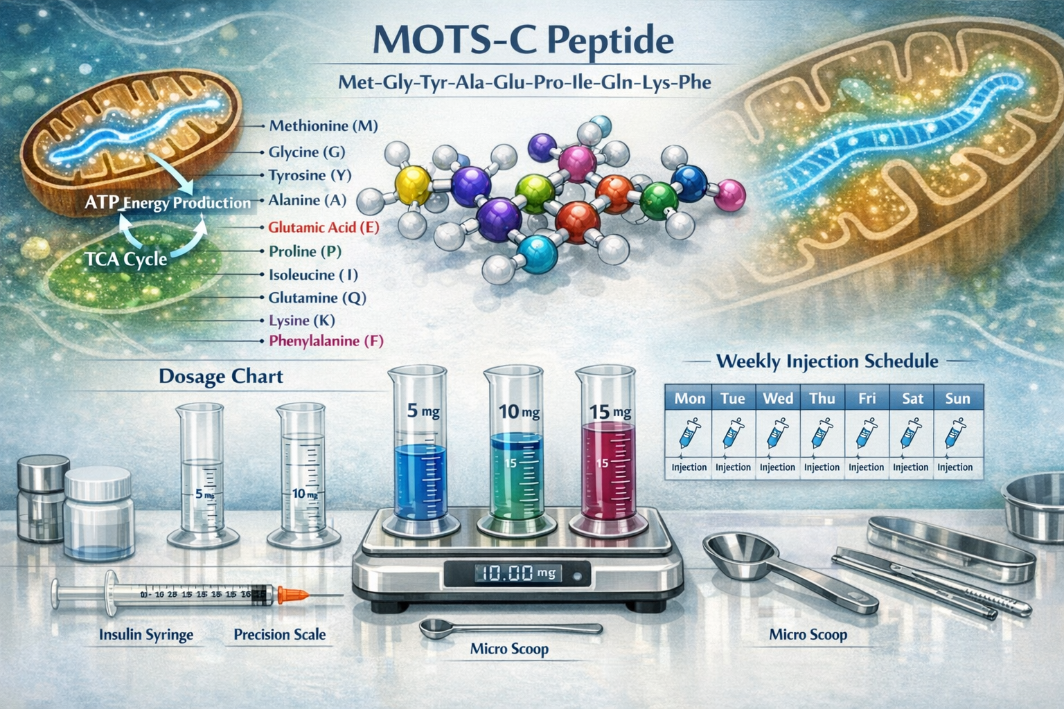 Detailed scientific illustration showing MOTS-C peptide molecular structure with amino acid sequence visualization, featuring color-coded do