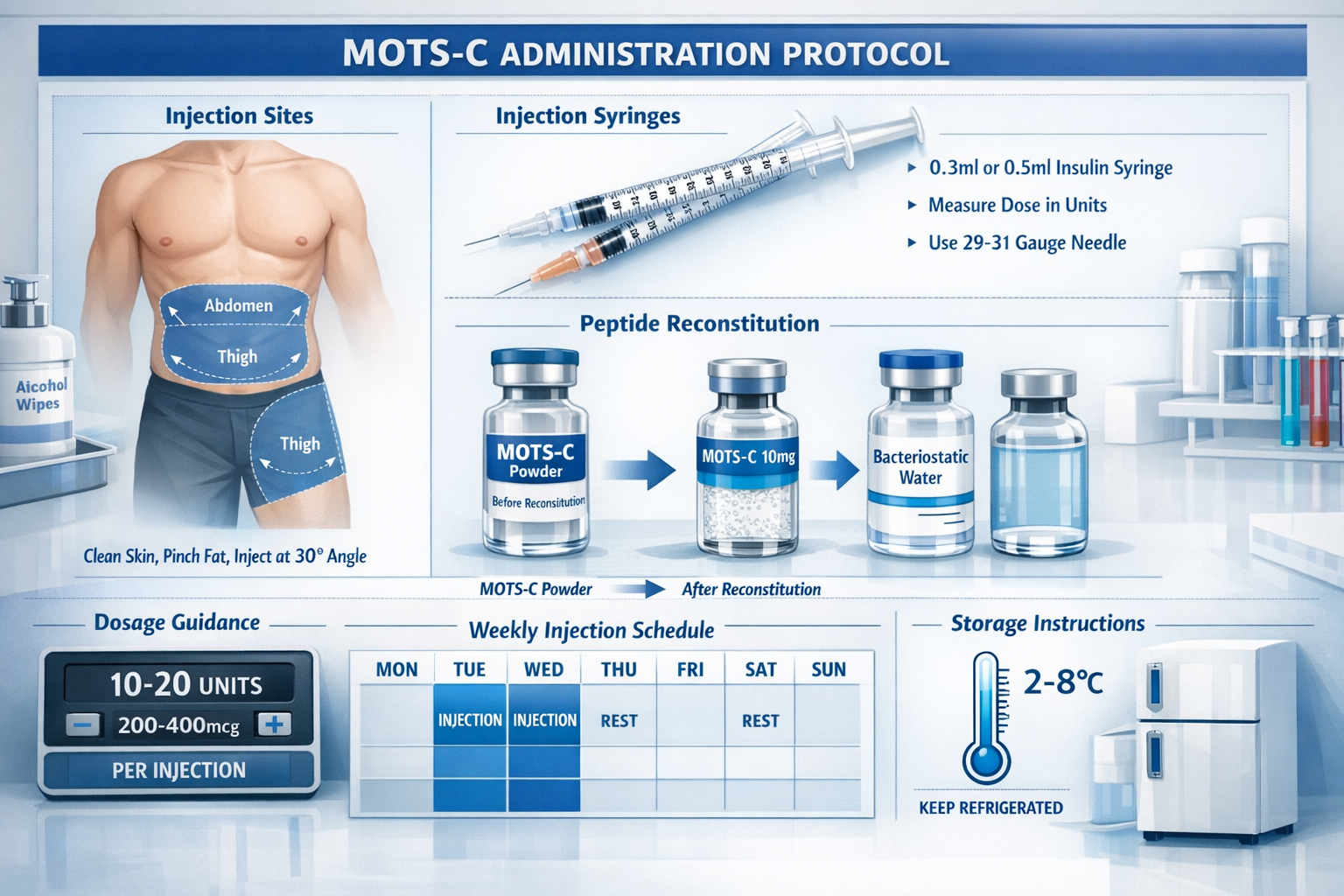Professional infographic-style image displaying MOTS-C administration protocol with step-by-step visual guide showing subcutaneous injection