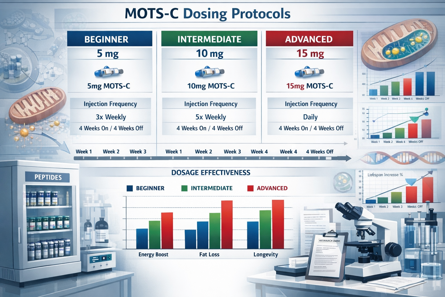 Comprehensive comparison chart showing MOTS-C dosing protocols across different research applications, featuring side-by-side visual compari