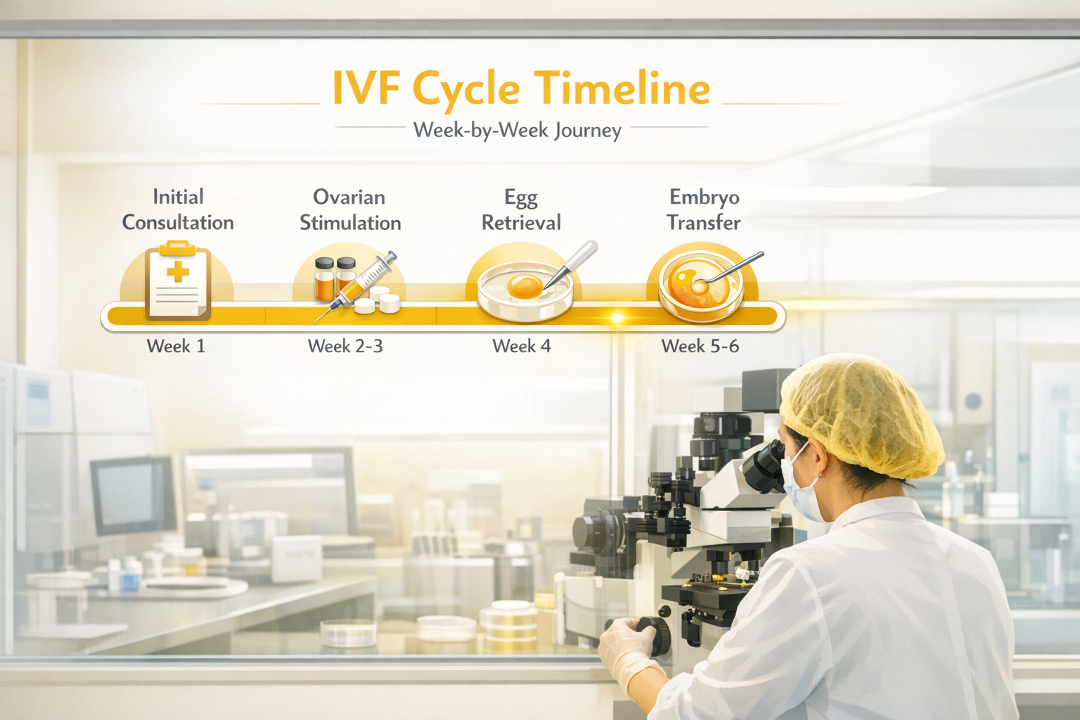 A clean, a highly detailed laboratory setting is visible through a glass partition where an embryologist works with a