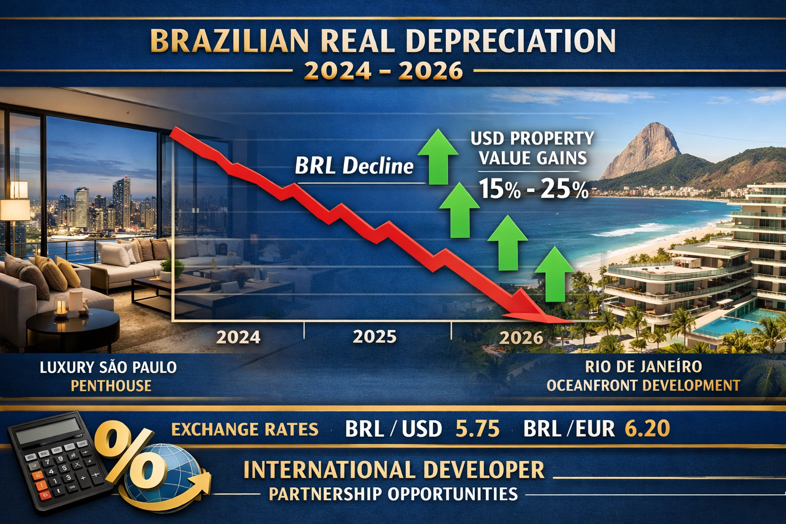 Landscape format (1536x1024) detailed infographic showing Brazilian Real currency depreciation chart from 2024-2026 with downward trending l