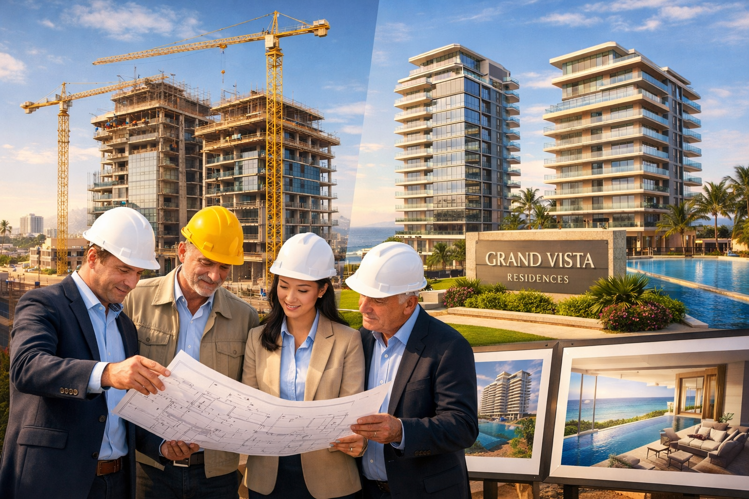 Landscape format (1536x1024) architectural visualization showing luxury residential development construction site in Brazilian coastal city,