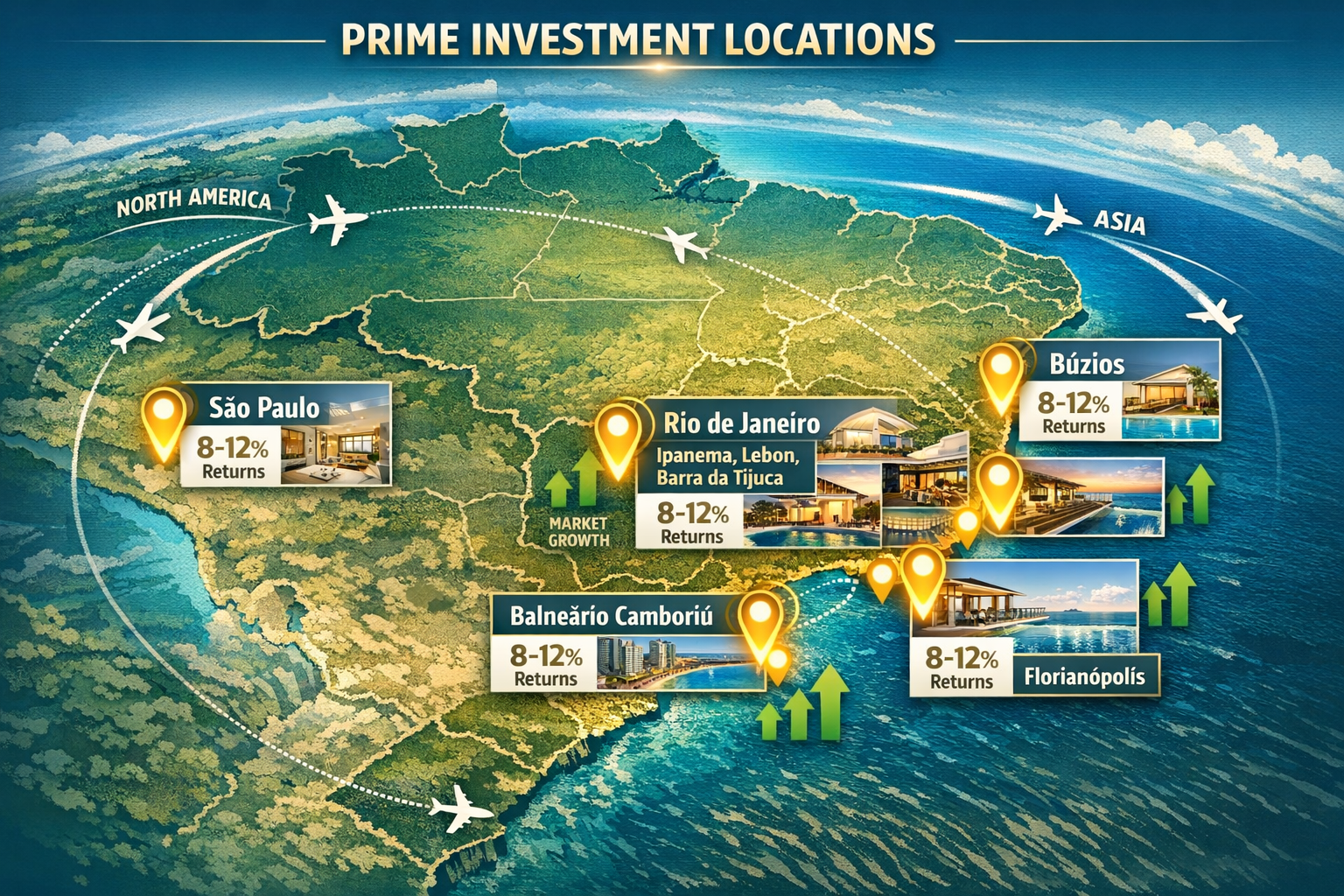 Landscape format (1536x1024) map of Brazil highlighting prime investment locations with glowing pins marking São Paulo, Rio de Janeiro (Ipan