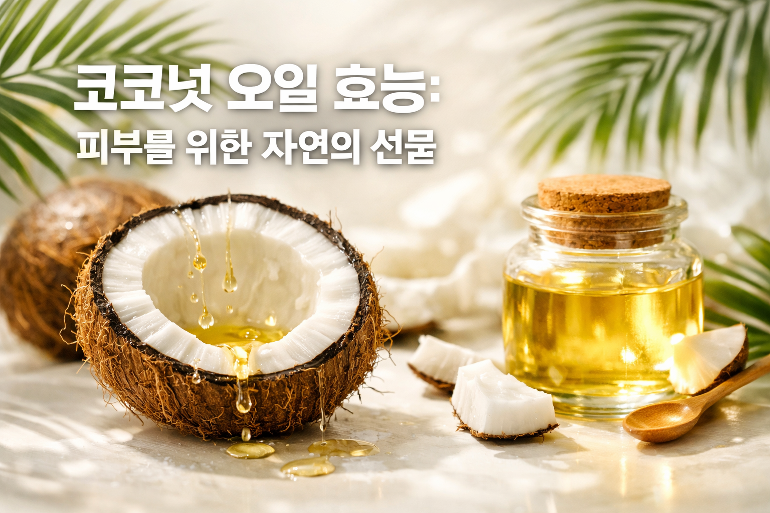 Professional landscape hero image (1536x1024) featuring bold Korean text overlay '코코넛 오일 효능: 피부를 위한 자연의 선물' in extra large 72pt white sans-s