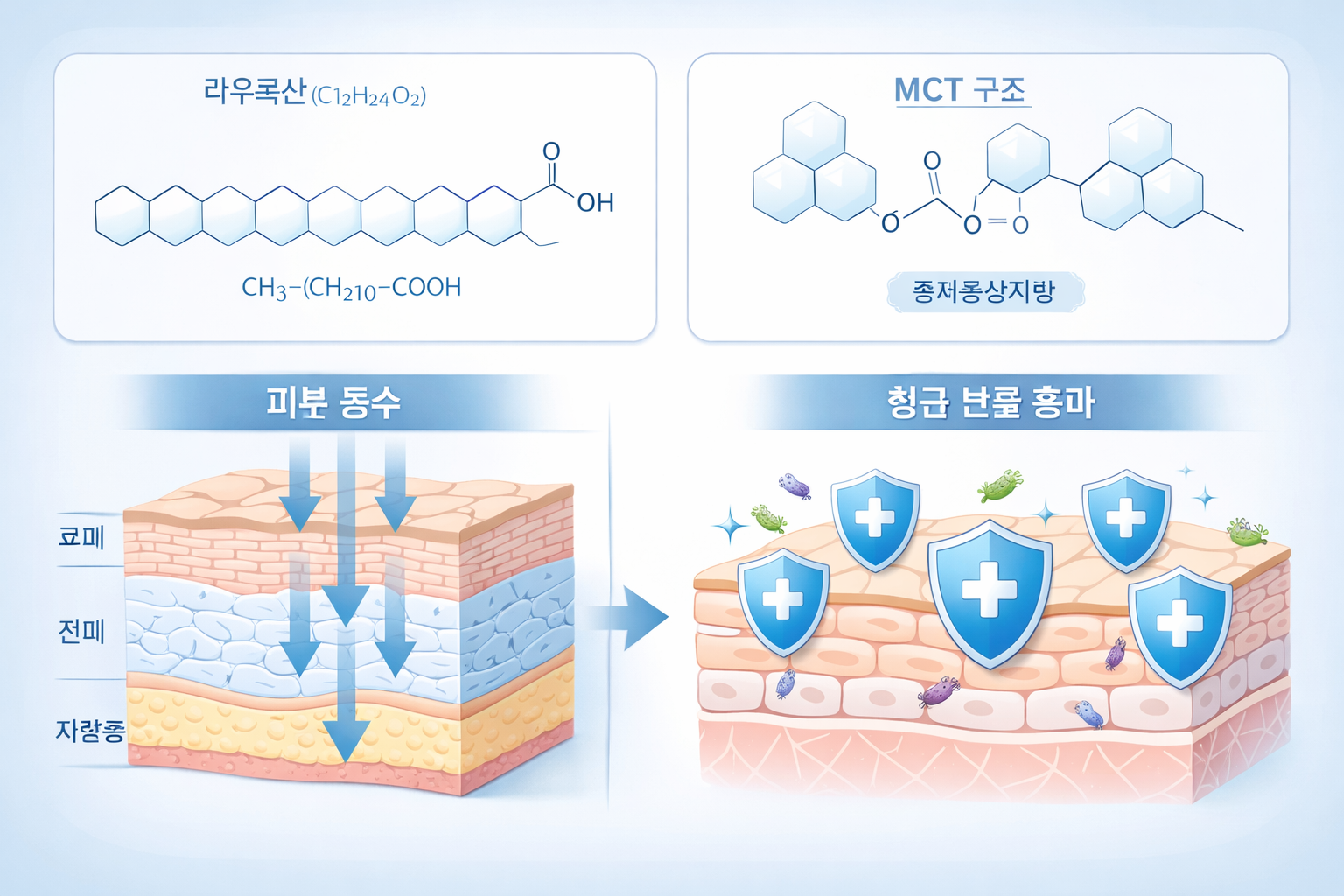 Detailed scientific illustration showing molecular structure of coconut oil's fatty acids including lauric acid chains, medium-chain triglyc