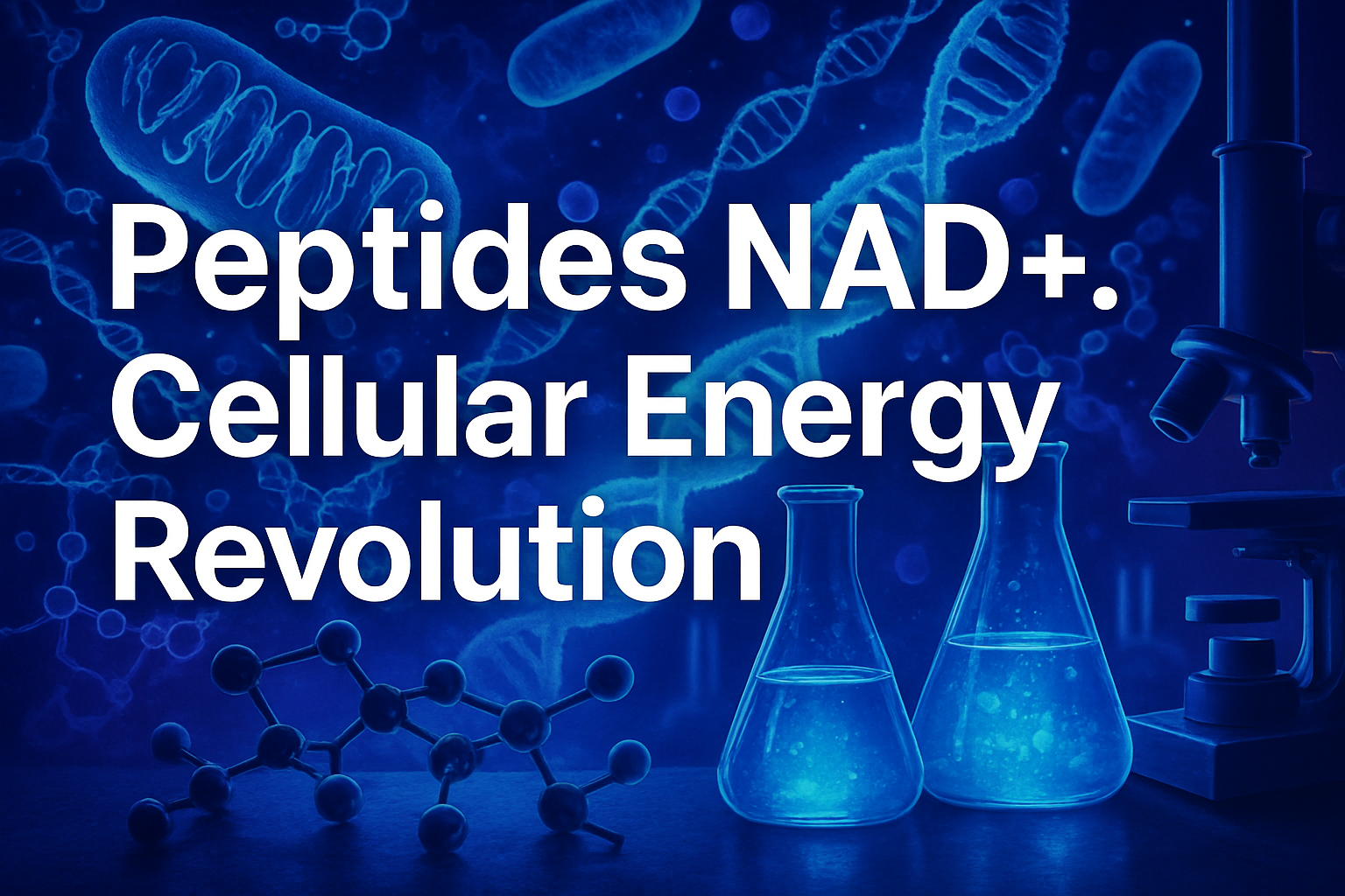 Professional landscape hero image (1536x1024) featuring bold text overlay 'Peptides NAD+: Cellular Energy Revolution' in extra large 72pt wh