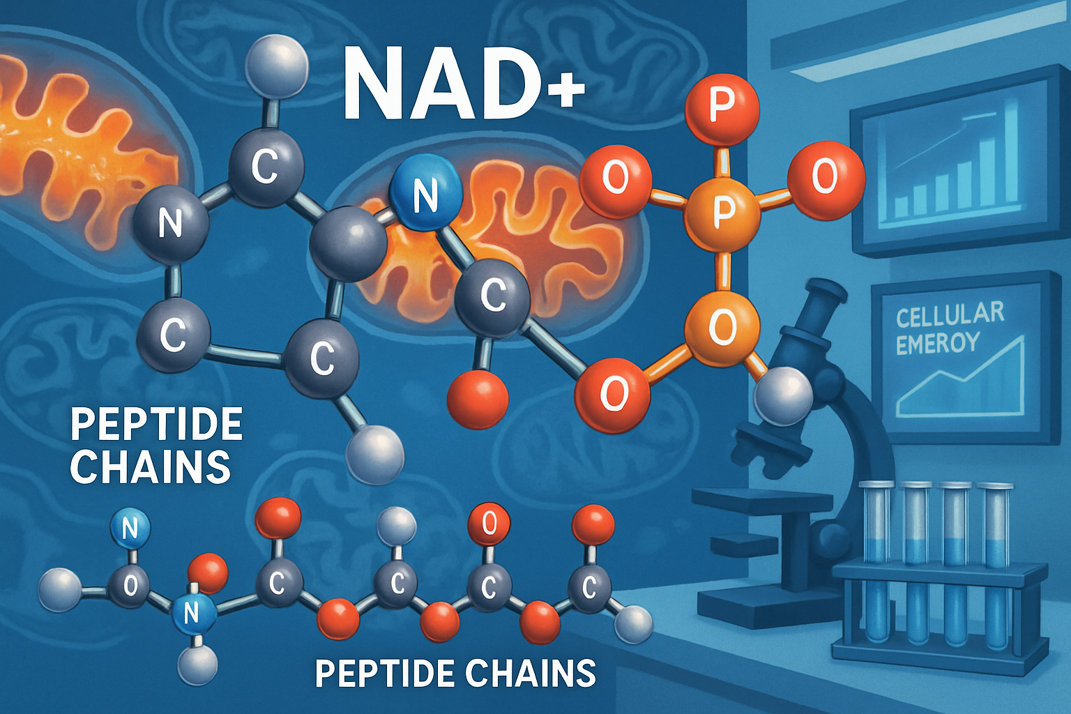 Detailed scientific illustration (1536x1024) showing NAD+ molecular structure with peptide chains, featuring large 3D molecular models with 