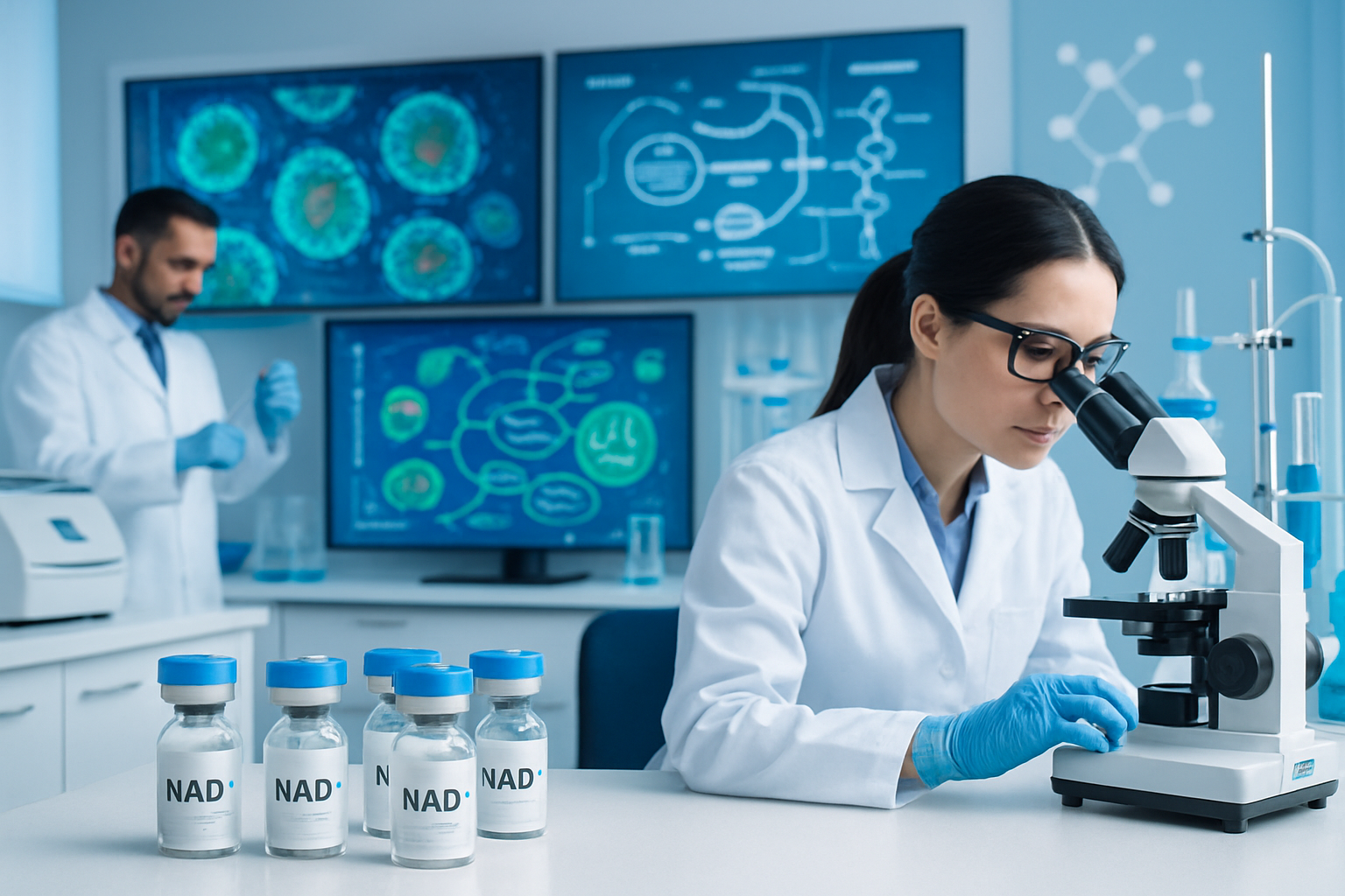 Professional research laboratory scene (1536x1024) showcasing peptide vials labeled 'NAD+' arranged on sterile white surfaces, with scientis
