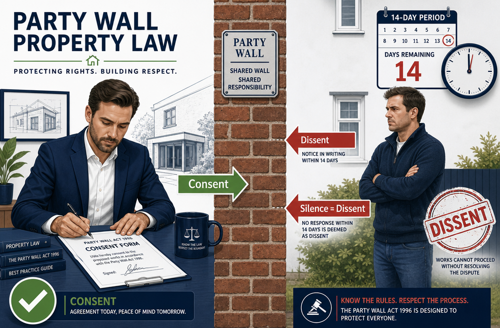 Detailed () editorial illustration showing a split-scene: on the left, a property owner signing a consent form with a green