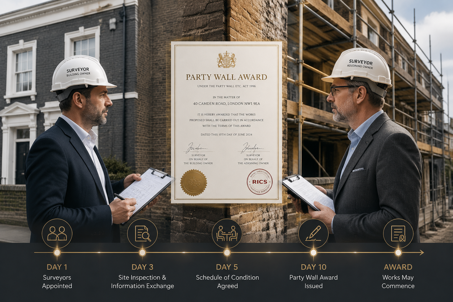 Detailed () concept illustration showing two professional party wall surveyors in hard hats and business attire standing on