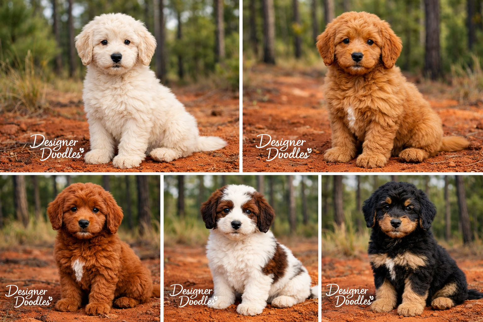 Collage of mini golden doodle color varieties including cream, apricot, red, parti-colored, and phantom patterns, each puppy photographed in