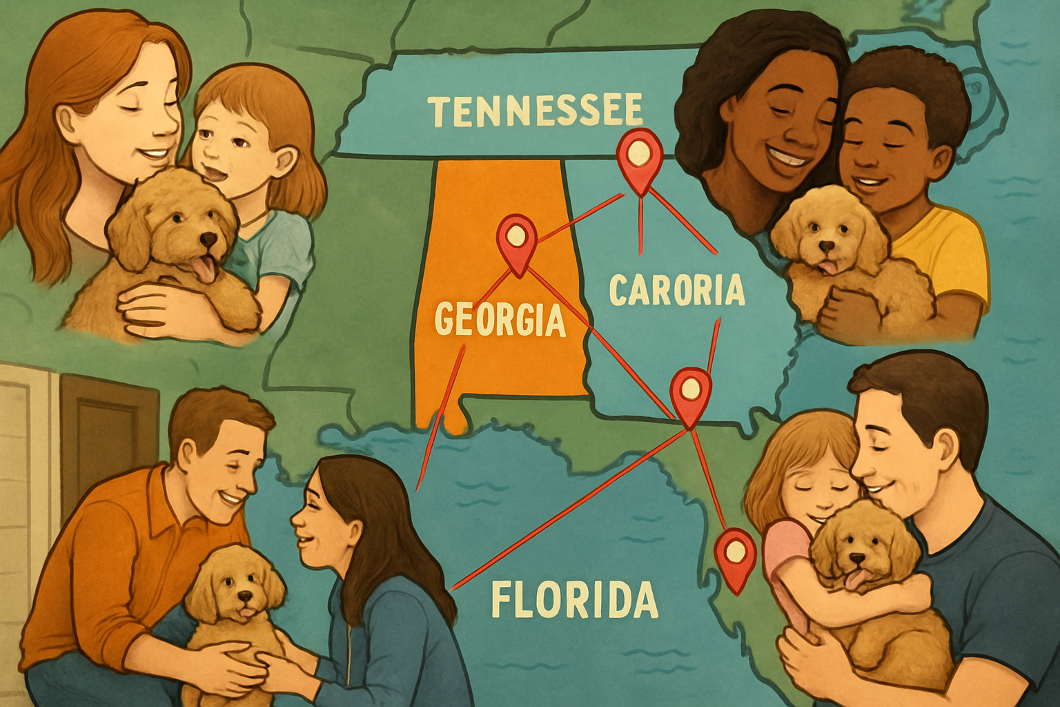Map of southeastern United States highlighting Georgia, Florida, North Carolina, and Tennessee with mini golden doodle breeder locations mar