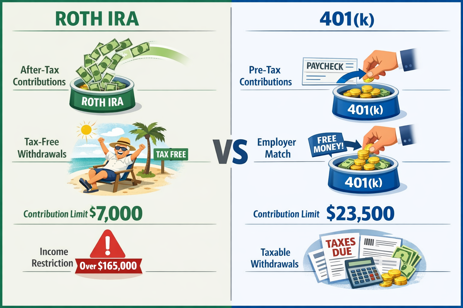 Detailed comparison infographic (1536x1024) showing side-by-side visual breakdown of Roth IRA versus 401(k) key differences. Left column dis
