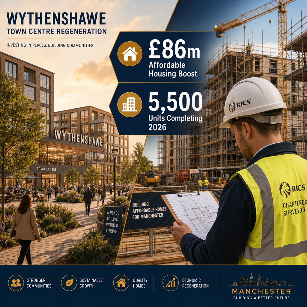 () editorial illustration showing a split-scene composition: on the left, a detailed architectural rendering of Wythenshawe