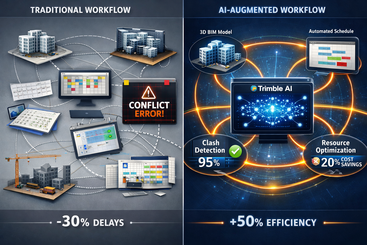 Landscape format (1536x1024) detailed illustration showing AI-powered construction workflow ecosystem with interconnected nodes representing