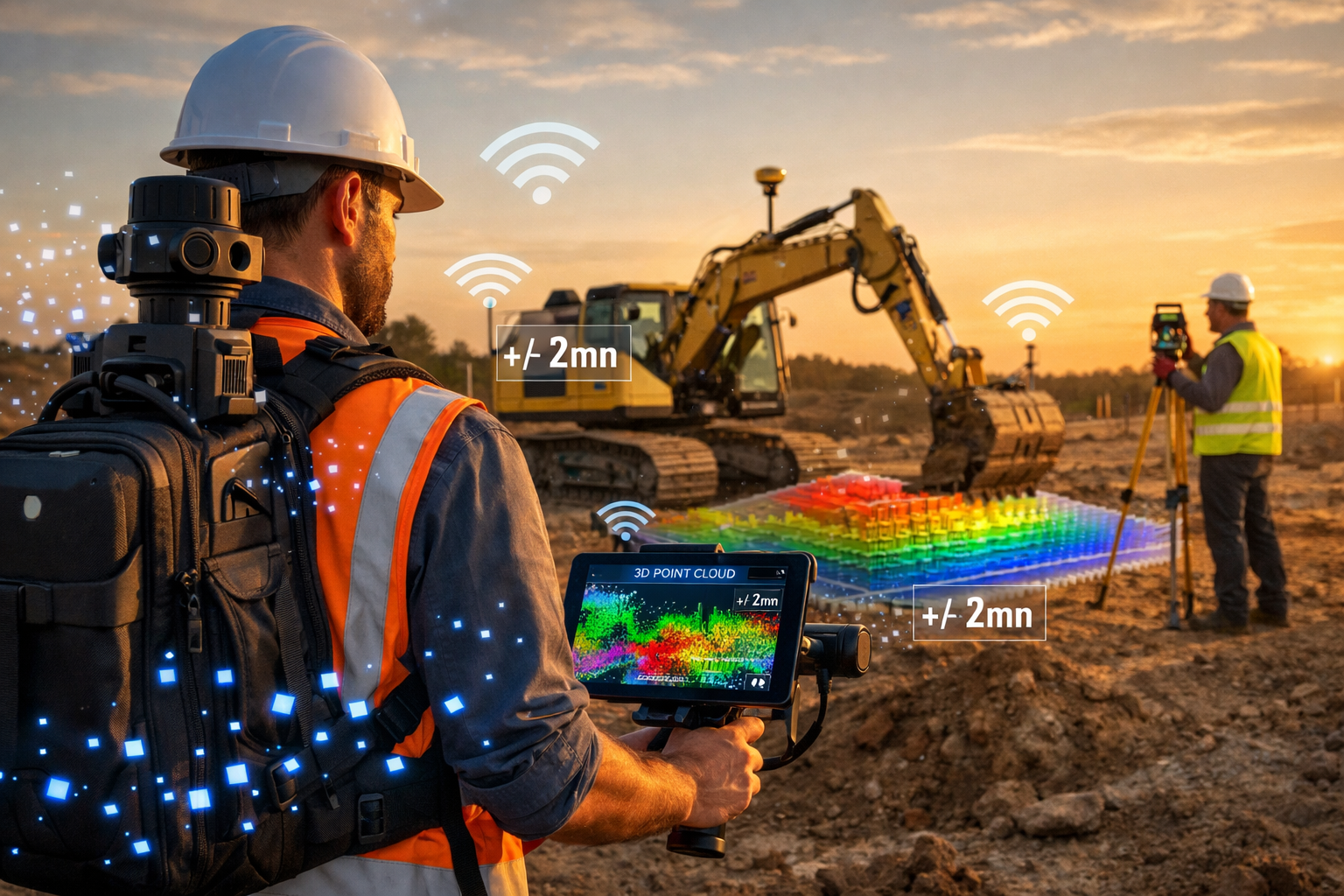 Landscape format (1536x1024) photorealistic scene of surveyor operating mobile reality capture system on active construction site, capturing