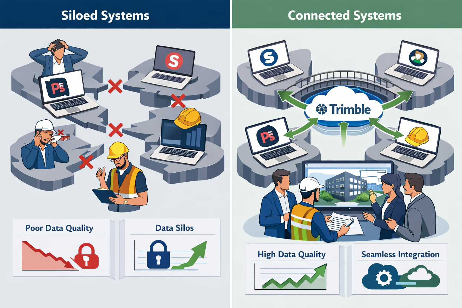 Landscape format (1536x1024) sophisticated split-screen comparison showing data interoperability transformation. Left side depicts siloed te