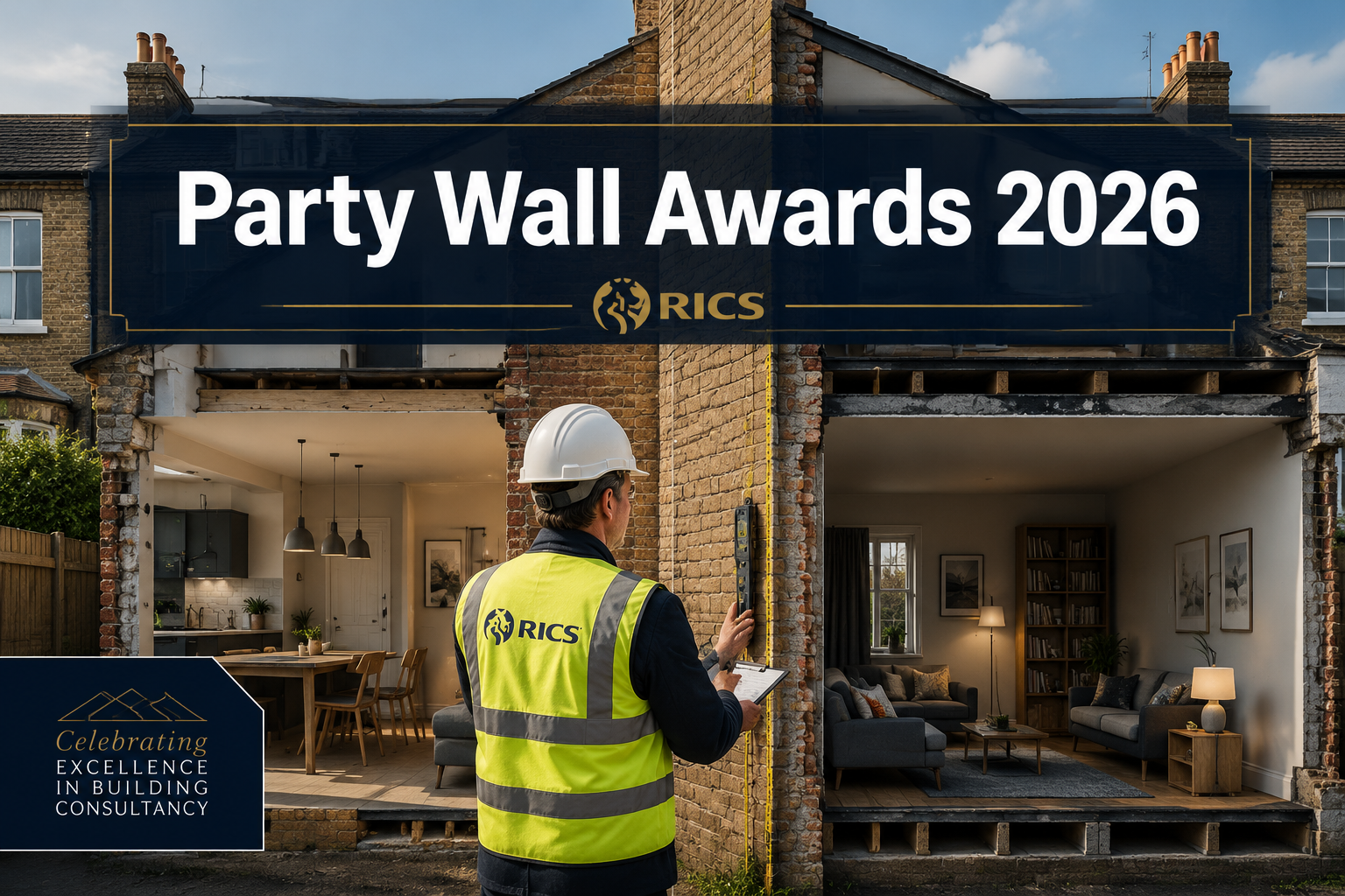 Professional () hero image with : 'Party Wall Awards 2026' in extra large white with dark semi-transparent background panel,
