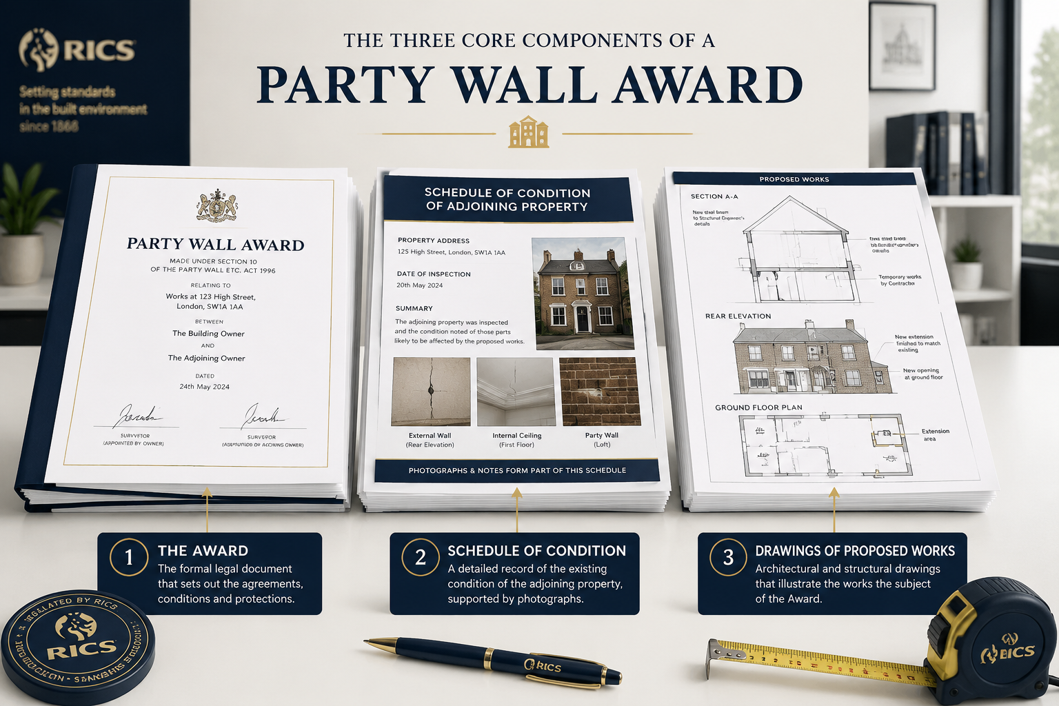 Detailed () infographic-style illustration showing the three core components of a Party Wall Award document: a formal legal