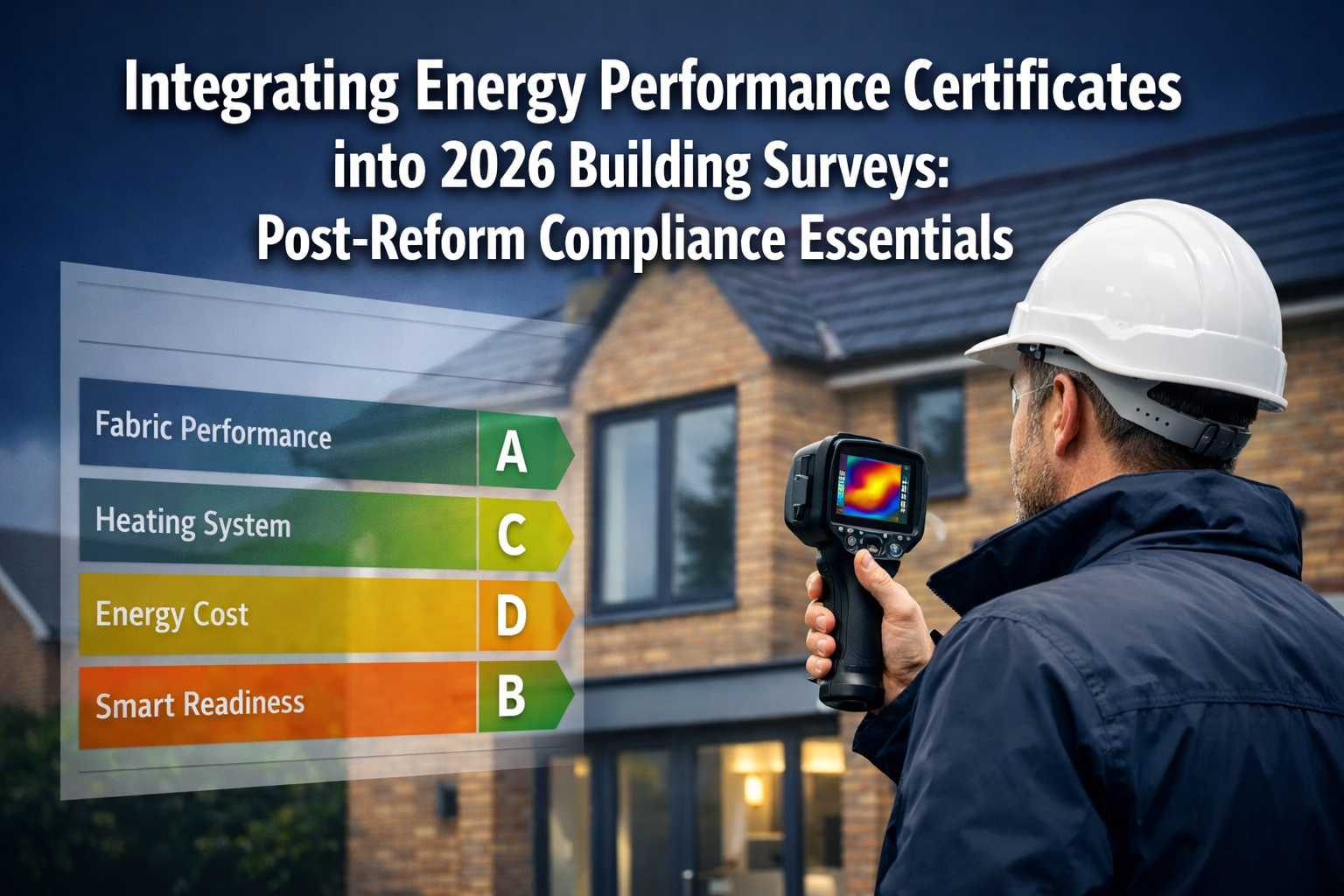 Professional landscape format (1536x1024) hero image featuring bold text overlay 'Integrating Energy Performance Certificates into 2026 Buil