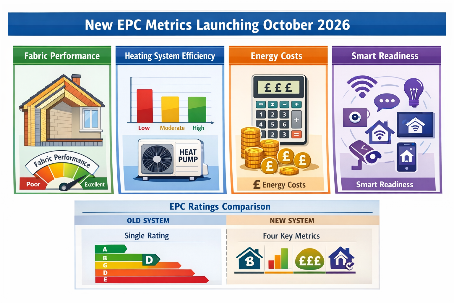 Detailed landscape format (1536x1024) infographic illustration showing the four new EPC metrics launching October 2026: Fabric Performance g