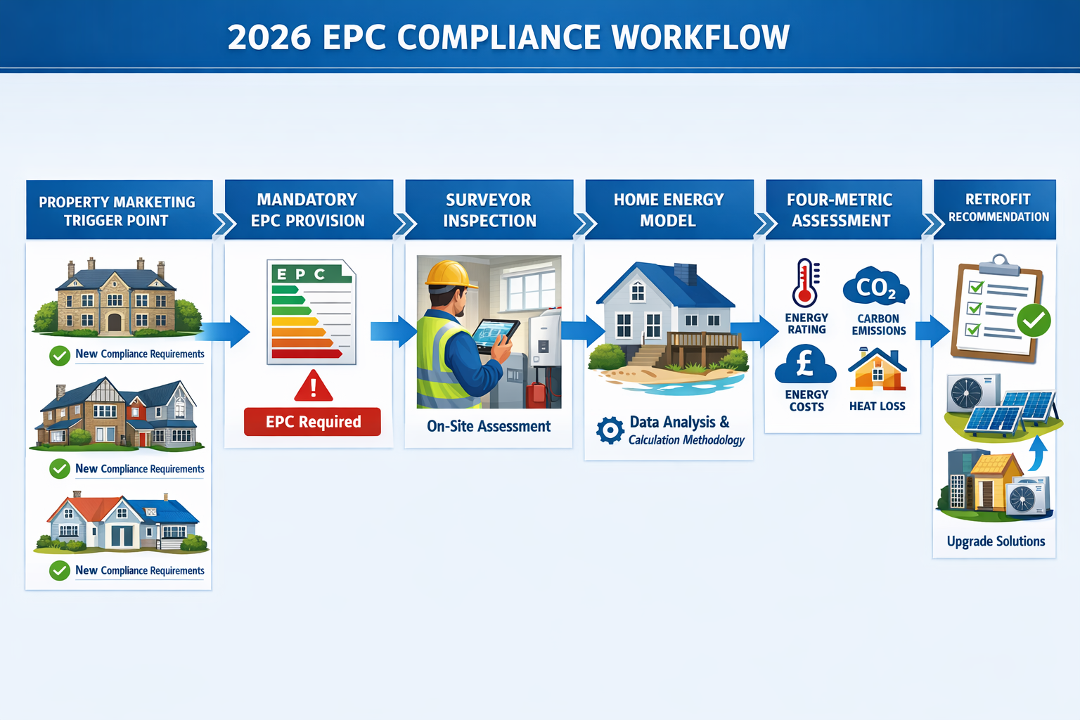 Comprehensive landscape format (1536x1024) visual diagram depicting building survey workflow integration process for 2026 EPC compliance. Sh