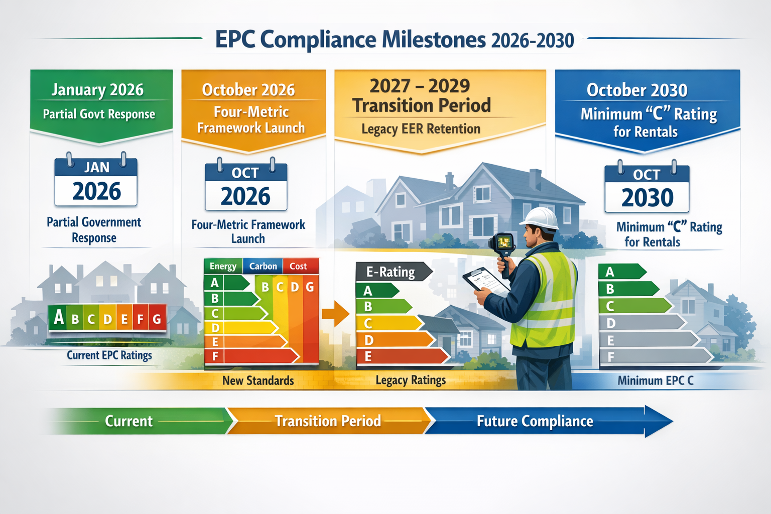 Detailed landscape format (1536x1024) comparative timeline visualization showing EPC compliance milestones from 2026 to 2030. Horizontal tim