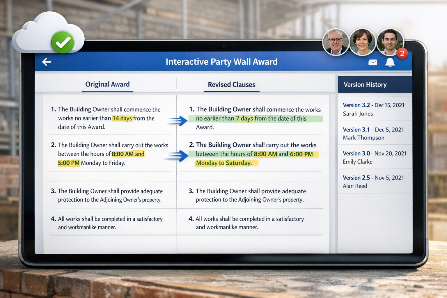 () editorial image showing close-up view of modern tablet device displaying interactive party wall award document with