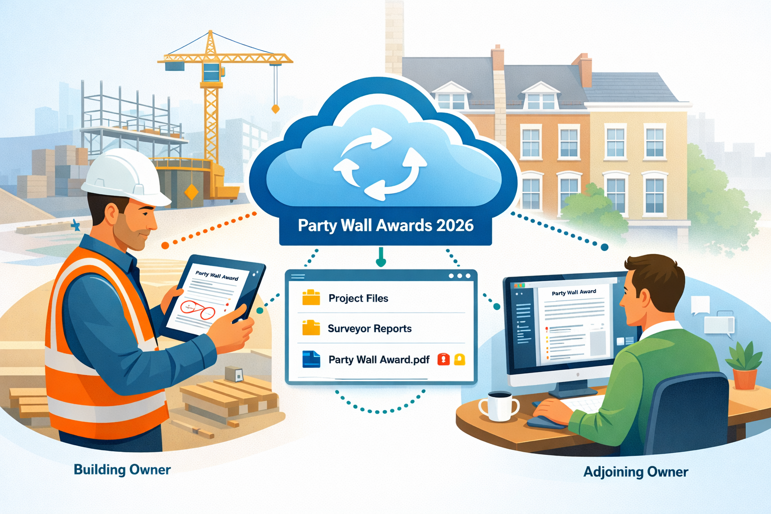 () conceptual illustration showing three distinct user personas accessing same party wall award simultaneously from