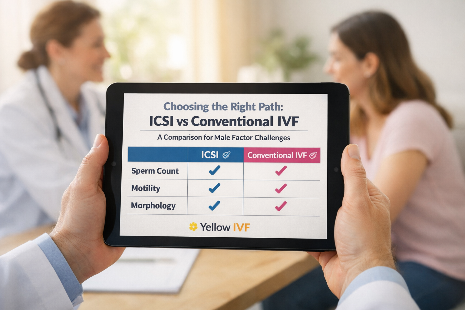 An informative comparison chart titled 'Choosing the Right Path: ICSI vs Conventional IVF' displayed on a modern tablet held