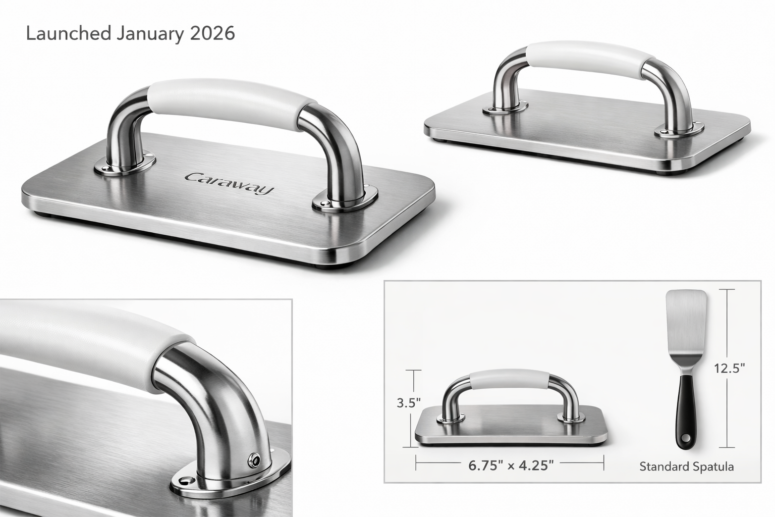 Detailed product photography showing Caraway Grill Press in landscape format (1536x1024), featuring the stainless steel press from multiple 