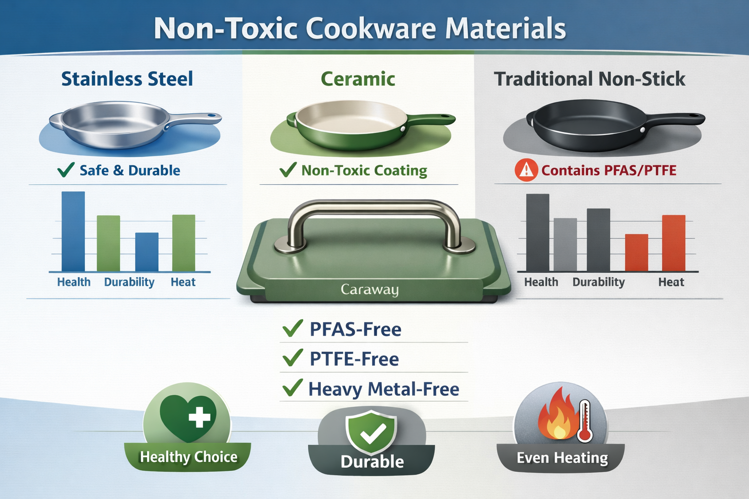 Infographic-style landscape image (1536x1024) comparing non-toxic cookware materials with visual chart showing stainless steel, ceramic, and