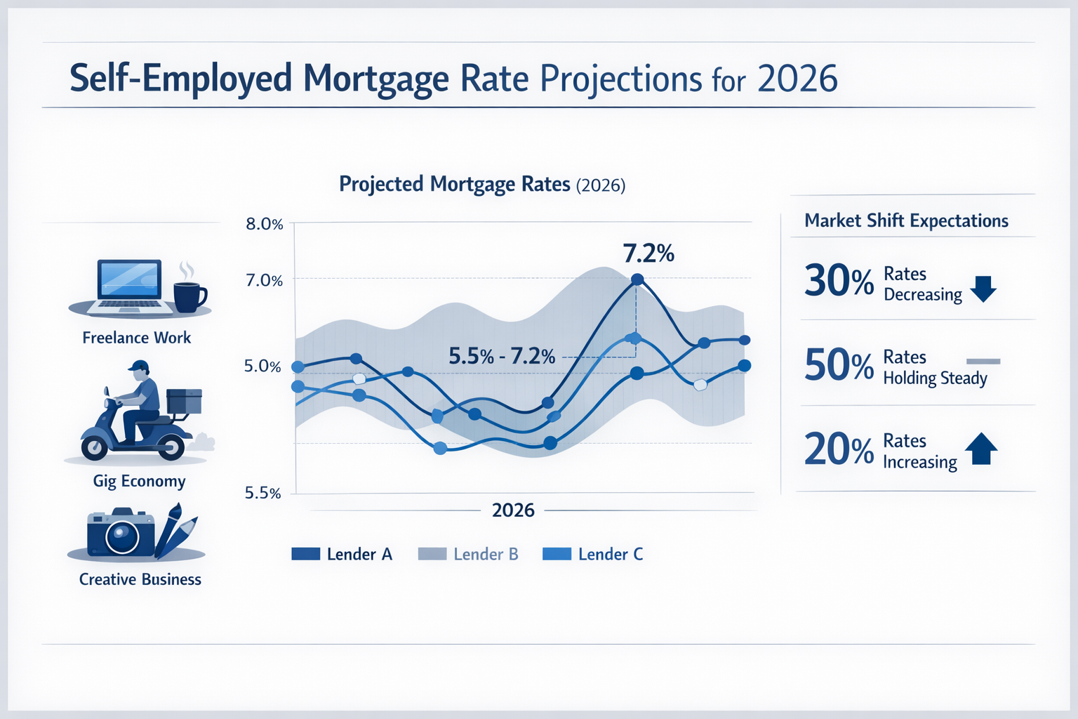 Detailed infographic visualizing self-employed mortgage rate projections for 2026, featuring line graphs comparing major lender trends, styl