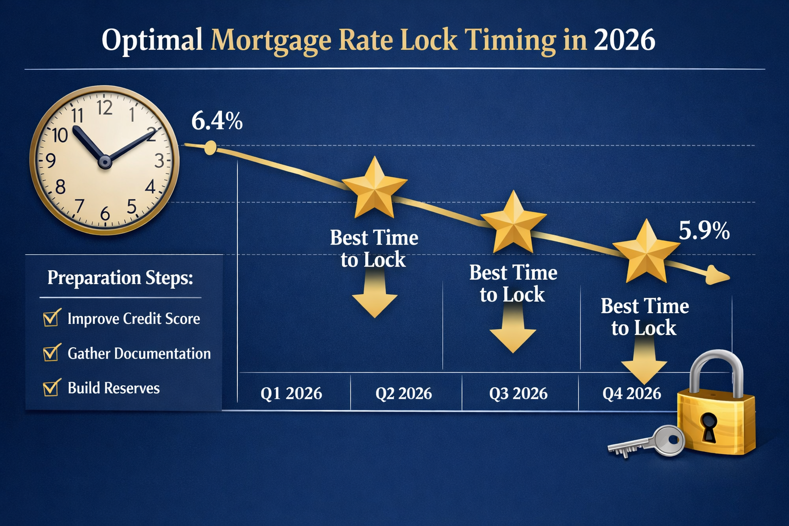 Landscape format (1536x1024) strategic timeline visualization showing optimal mortgage rate lock timing throughout 2026. Calendar layout wit
