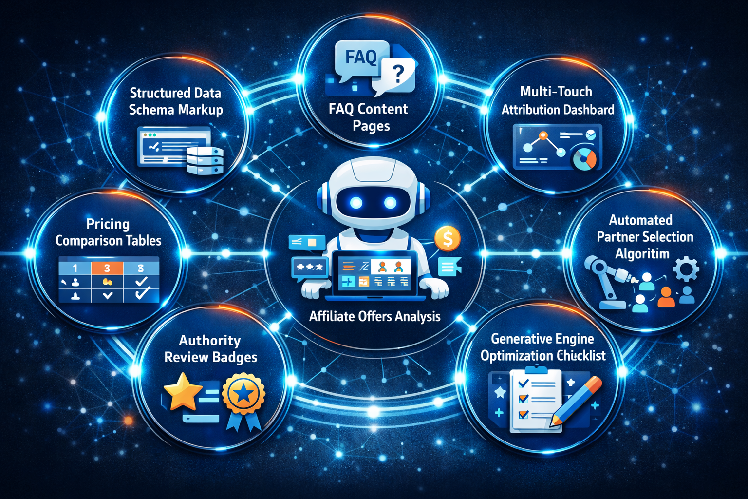 Detailed landscape format (1536x1024) image depicting seven optimization tactics as interconnected nodes in a circular diagram. Center shows