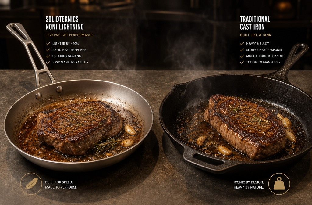 Solidteknics Noni Landscape format (1536x1024) side-by-side comparison scene on a professional kitchen countertop: Solidteknics Noni Lightning pan on left with a sizzling steak showing excellent browning and fond development, versus a traditional cast iron skillet on the right with similar steak. Overhead angle at 45 degrees, dramatic kitchen lighting highlighting the difference in pan weight and handle design, steam and sear marks visible, professional food photography style, warm tones with dark background.